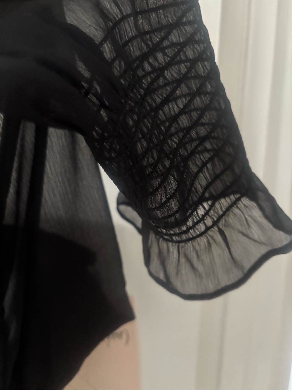 BCBG Sheer Black Ruffle-Trim High Neck Blouse - Picture 6 of 7